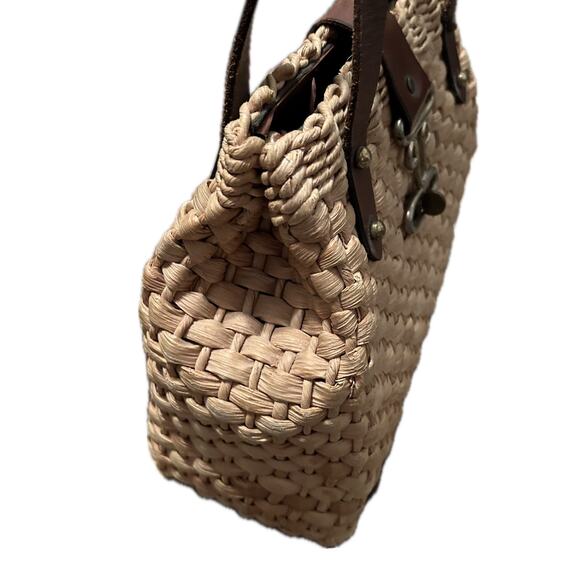 1960s Wicker Woven Handbag Top Handle Leather Strap Purse by Burlington * - Picture 5 of 5